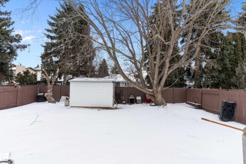 Snowy yard featuring a fenced backyard and a shed - 115 Walker Road, Edmonton, AB - Outdoor