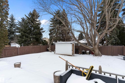 Yard covered in snow with a fenced backyard and a storage shed - 115 Walker Road, Edmonton, AB - Outdoor