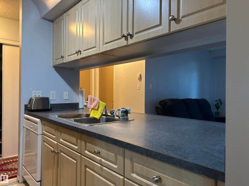 Kitchen featuring dark countertops and dishwasher - 310 2430 Guardian Road, Edmonton, AB - Indoor Photo Showing Kitchen With Double Sink