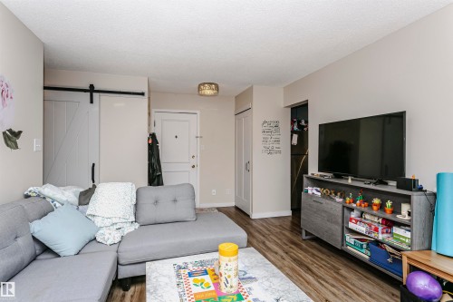 Living room with a barn door, dark wood-style flooring, and a textured ceiling - 407 8149 111 St S, Edmonton, AB - Indoor Photo Showing Living Room