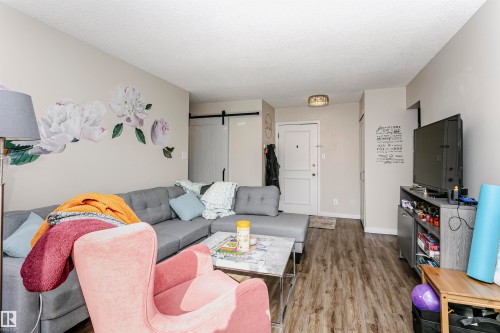Living room featuring a barn door and wood finished floors - 407 8149 111 St S, Edmonton, AB - Indoor Photo Showing Living Room