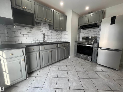 Kitchen with gray cabinetry, stainless steel appliances, and recessed lighting - 10832 163 Street, Edmonton, AB - Indoor Photo Showing Kitchen