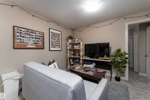 Living area with a textured ceiling and carpet flooring - 10906 72 Avenue, Edmonton, AB - Indoor