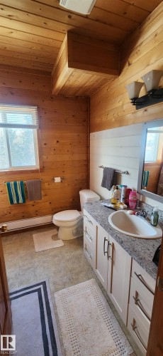 Half bath featuring wood ceiling, healthy amount of natural light, vanity, and wooden walls - 5216 - 53 Avenue, Clyde, AB - Indoor Photo Showing Bathroom