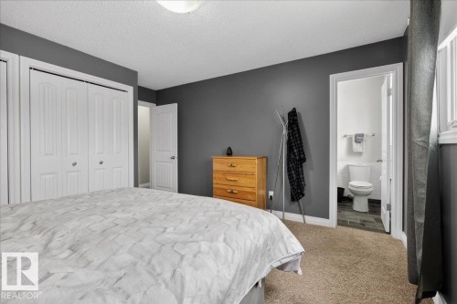 Carpeted bedroom with a closet, a textured ceiling, and connected bathroom - 8804 38 Avenue, Edmonton, AB - Indoor Photo Showing Bedroom