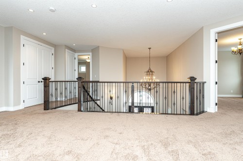 Empty room with suspended lighting, carpet, and a textured ceiling - 3520 Watson Point(E), Edmonton, AB - Indoor Photo Showing Other Room