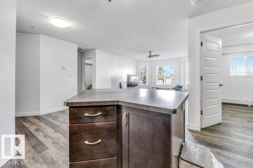 Kitchen featuring dark wood finish cabinets, a center island, light wood-style floors, a ceiling fan, and open floor plan - 101 400 Silver Berry Road, Edmonton, AB - Indoor Photo Showing Kitchen