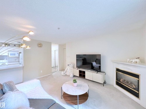 Living area with light colored carpet, a glass covered fireplace, and a textured ceiling - 110 10511 42 Avenue, Edmonton, AB - Indoor Photo Showing Living Room With Fireplace