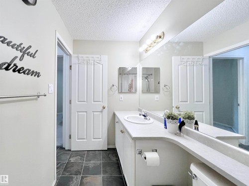 Bathroom featuring vanity, a textured ceiling, and dark tile patterned flooring - 110 10511 42 Avenue, Edmonton, AB - Indoor Photo Showing Bathroom