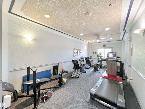 Workout area featuring a textured wall, a textured ceiling, ceiling fan, and ornamental molding - 110 10511 42 Avenue, Edmonton, AB - Indoor Photo Showing Gym Room