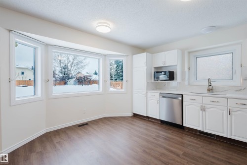 Kitchen with white cabinetry, dishwasher, a textured ceiling, plenty of natural light, and dark wood finished floors - 243 Rhatigan Road E, Edmonton, AB - Indoor Photo Showing Kitchen
