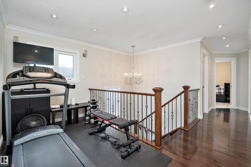 Exercise area with a chandelier, crown molding, dark wood-style flooring, and a textured ceiling - 10623 75 Avenue, Edmonton, AB - Indoor