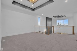 Carpeted empty room featuring a chandelier, a raised ceiling, and plenty of natural light - 