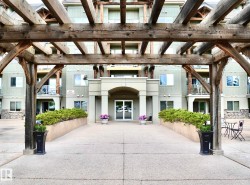 Building entrance framed by a substantial wood pergola, featuring a concrete walkway leading to the main doors - 