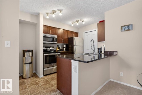 Kitchen with stainless steel appliances, a peninsula, dark stone counters, rail lighting, and a textured ceiling - 305 12045 22 Avenue, Edmonton, AB - Indoor Photo Showing Kitchen With Double Sink
