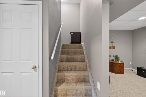 Staircase featuring carpet flooring and a drop ceiling - 14648 54 Street, Edmonton, AB - Indoor Photo Showing Other Room