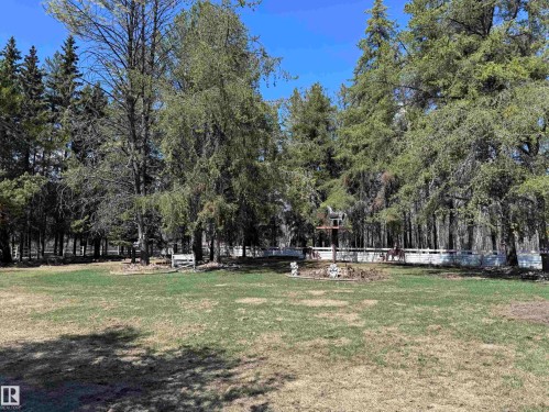 Expansive lawn area surrounded by mature trees, featuring a decorative white fence, a tiered garden bed with a central birdhouse, and a white wooden bench - 59415A Rg Rd 240, Rural Westlock County, AB - Outdoor With View