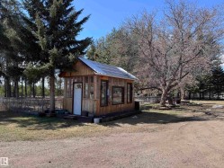 Wood-sided outbuilding featuring multiple windows, a paneled door, and a metal roof - 