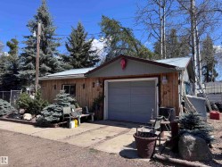 Detached garage structure featuring a grey sectional garage door, natural wood siding, and a corrugated metal roof - 