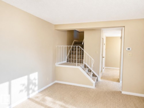 Carpeted staircase with white metal railing, neutral wall tones, and white trim - 223 Kaskitayo Crest, Edmonton, AB - Indoor Photo Showing Other Room