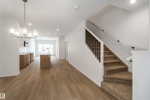 Kitchen with a kitchen island with sink, light wood-style flooring, a chandelier, wood finish cabinetry, and open floor plan - 18912 28 Avenue, Edmonton, AB - Indoor Photo Showing Other Room