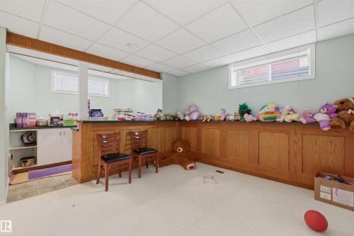 Bar area featuring a paneled ceiling, light carpet, and wood finish cabinetry - 444 Breckenridge Lane Nw, Edmonton, AB - Indoor Photo Showing Basement