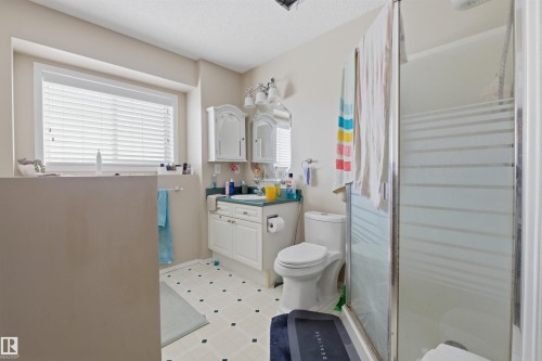 Full bath featuring vanity, a stall shower, and light flooring - 444 Breckenridge Lane Nw, Edmonton, AB - Indoor Photo Showing Bathroom