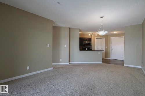 This inviting living space features carpeting, light-colored walls, and a ceiling light fixture - 313 1510 Watt Drive, Edmonton, AB - Indoor