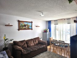 This living area features light-colored walls and a textured ceiling - 