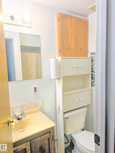 Full bath featuring vanity and a shower with shower curtain - 80 Amberly Crest, Edmonton, AB - Indoor Photo Showing Bathroom