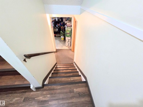 Staircase featuring wood finished floors and carpet flooring - 2 4403 Riverbend Road, Edmonton, AB - Indoor Photo Showing Other Room