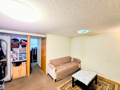Sitting room featuring a textured ceiling and carpet - 2 4403 Riverbend Road, Edmonton, AB - Indoor Photo Showing Other Room