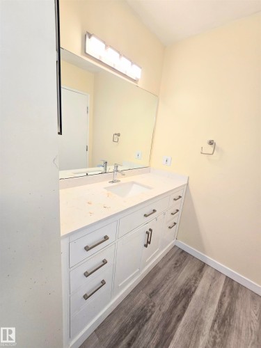 Bathroom with vanity and dark wood-type flooring - 2 4403 Riverbend Road, Edmonton, AB - Indoor Photo Showing Bathroom