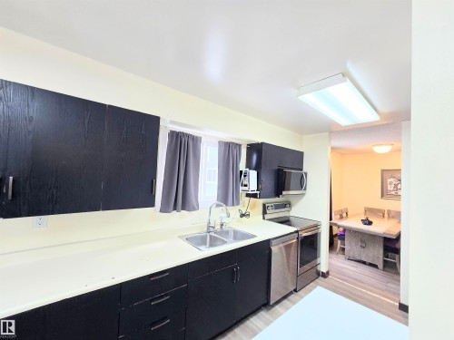 Kitchen featuring dark cabinetry, light countertops, stainless steel appliances, light wood-type flooring, and modern cabinets - 2 4403 Riverbend Road, Edmonton, AB - Indoor Photo Showing Kitchen With Double Sink