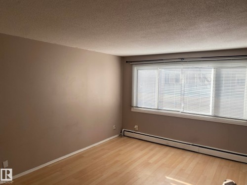 Spare room with a baseboard radiator, light wood-style flooring, and a textured ceiling - 205 10345 123 Street, Edmonton, AB - Indoor Photo Showing Other Room