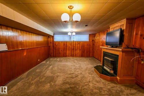 Basement with dark carpet, a tiled fireplace, and wood walls - 4812 51 Avenue, Vilna, AB - Indoor Photo Showing Other Room With Fireplace