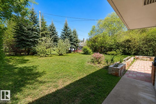Expansive green lawn with mature evergreen trees and established landscaping - 4812 51 Avenue, Vilna, AB - Outdoor