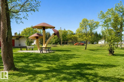 Expansive lawn with mature trees, featuring a distinct mushroom-themed play structure and multiple park benches - 4812 51 Avenue, Vilna, AB - Outdoor