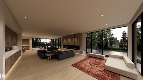 Living area featuring expansive windows, light wood-type flooring, and recessed lighting - 9804 143 Street, Edmonton, AB - Indoor