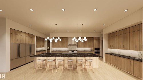 Kitchen featuring modern cabinets, fridge, a large island with sink, a kitchen breakfast bar, and decorative light fixtures - 9804 143 Street, Edmonton, AB - Indoor Photo Showing Other Room