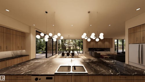 Kitchen featuring modern cabinets, a large island, suspended lighting, wood finish cabinetry, and freestanding refrigerator - 9804 143 Street, Edmonton, AB - Indoor Photo Showing Kitchen With Double Sink