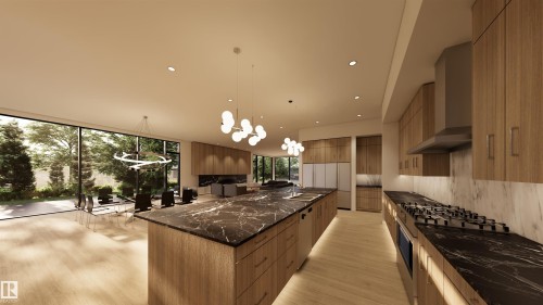 Kitchen with modern cabinets, hanging lights, a spacious island, gas range, and dark stone counters - 9804 143 Street, Edmonton, AB - Indoor Photo Showing Kitchen With Upgraded Kitchen