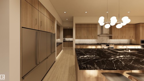 Kitchen with paneled built in fridge, modern cabinets, a kitchen breakfast bar, and dark stone countertops - 9804 143 Street, Edmonton, AB - Indoor