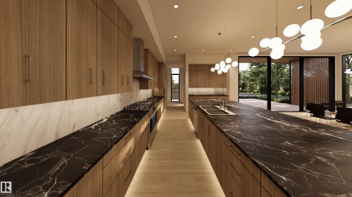 Kitchen with modern cabinets, dark stone countertops, wood finish cabinetry, hanging lights, and stainless steel gas cooktop - 9804 143 Street, Edmonton, AB - Indoor