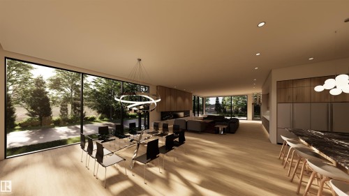 Dining space featuring recessed lighting, expansive windows, and light wood-type flooring - 9804 143 Street, Edmonton, AB - Indoor Photo Showing Other Room