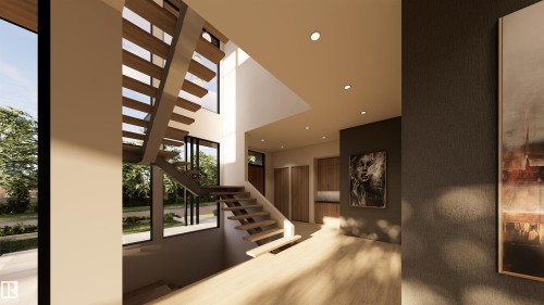 Stairs with recessed lighting, wood finished floors, and a high ceiling - 9804 143 Street, Edmonton, AB - Indoor Photo Showing Other Room