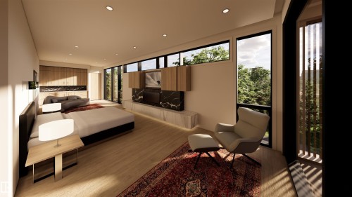 Bedroom with recessed lighting, light wood-type flooring, and access to exterior - 9804 143 Street, Edmonton, AB - Indoor