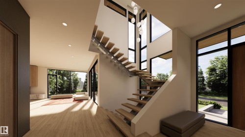 Stairway featuring recessed lighting, wood finished floors, a high ceiling, and floor to ceiling windows - 9804 143 Street, Edmonton, AB - Indoor Photo Showing Other Room