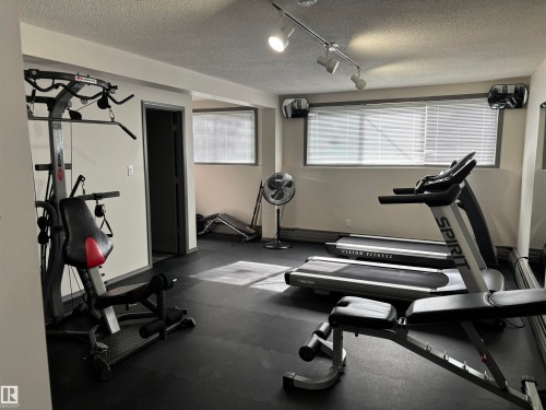 Dedicated workout space featuring padded flooring, multiple windows with blinds, and track lighting - 207 11465 41 Avenue, Edmonton, AB - Indoor Photo Showing Gym Room