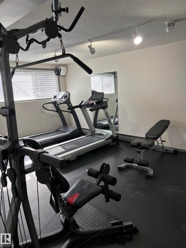 Dedicated fitness area featuring durable black rubber flooring, two windows with horizontal blinds, and track lighting - 207 11465 41 Avenue, Edmonton, AB - Indoor Photo Showing Gym Room